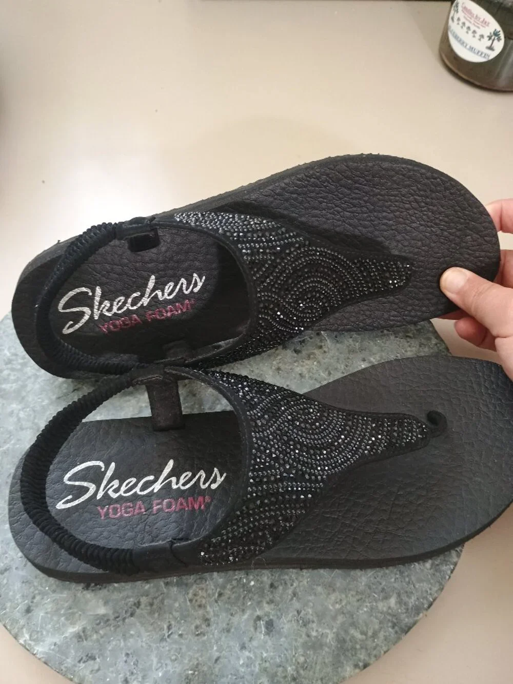 Skechers Cali Meditation Sandals New Moon Black Embellished Size 9 Yoga Foam